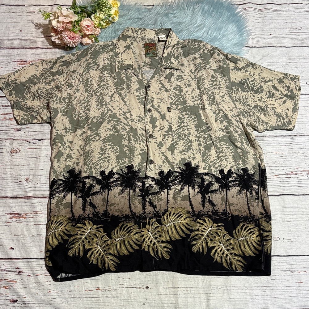 Pineapple Connections Tropical Palm Print Hawaiian Men's Button Down Shirt 2XB